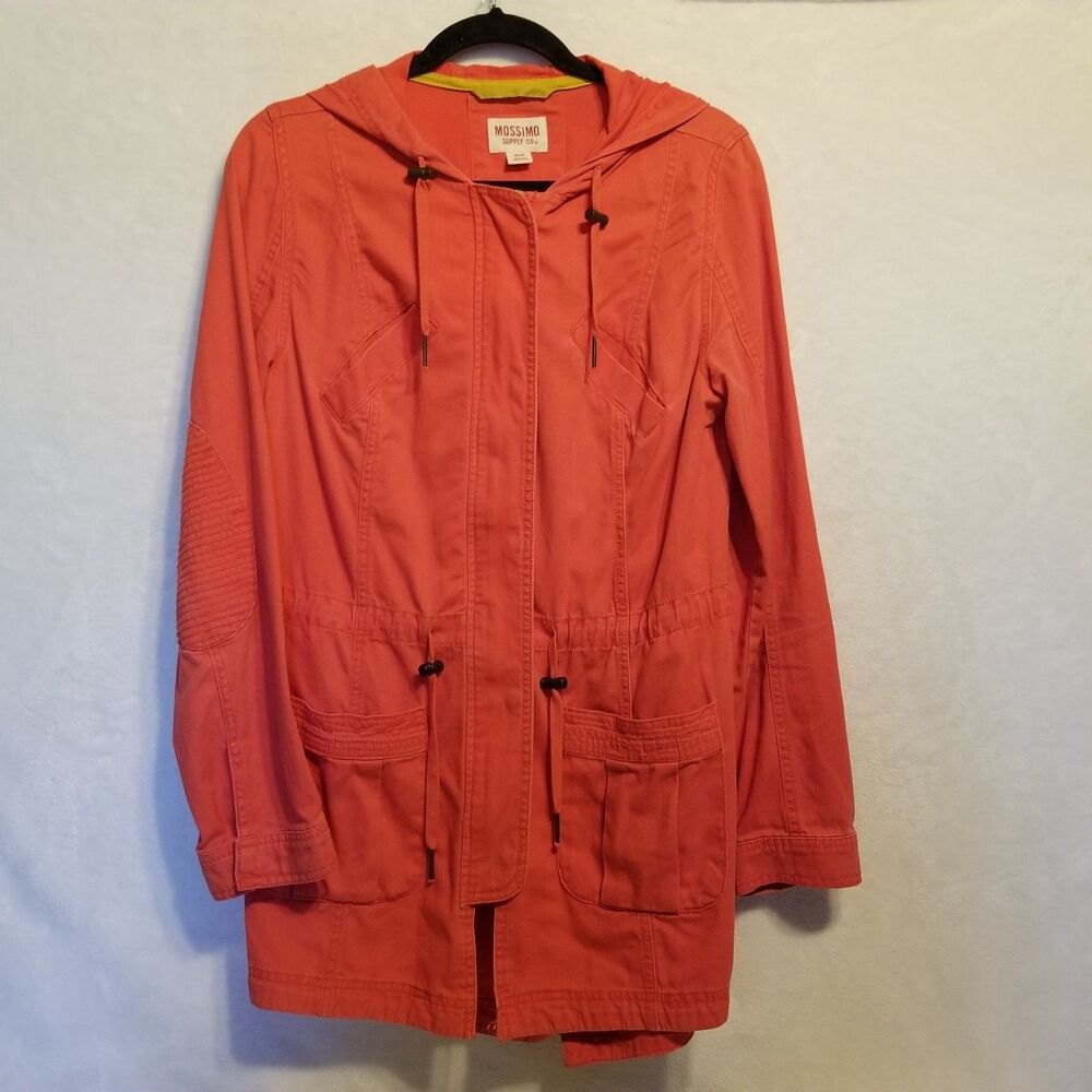 Mossimo M Anorak Jacket Orange Cotton Twill Pockets Hooded Vintage Outdoors